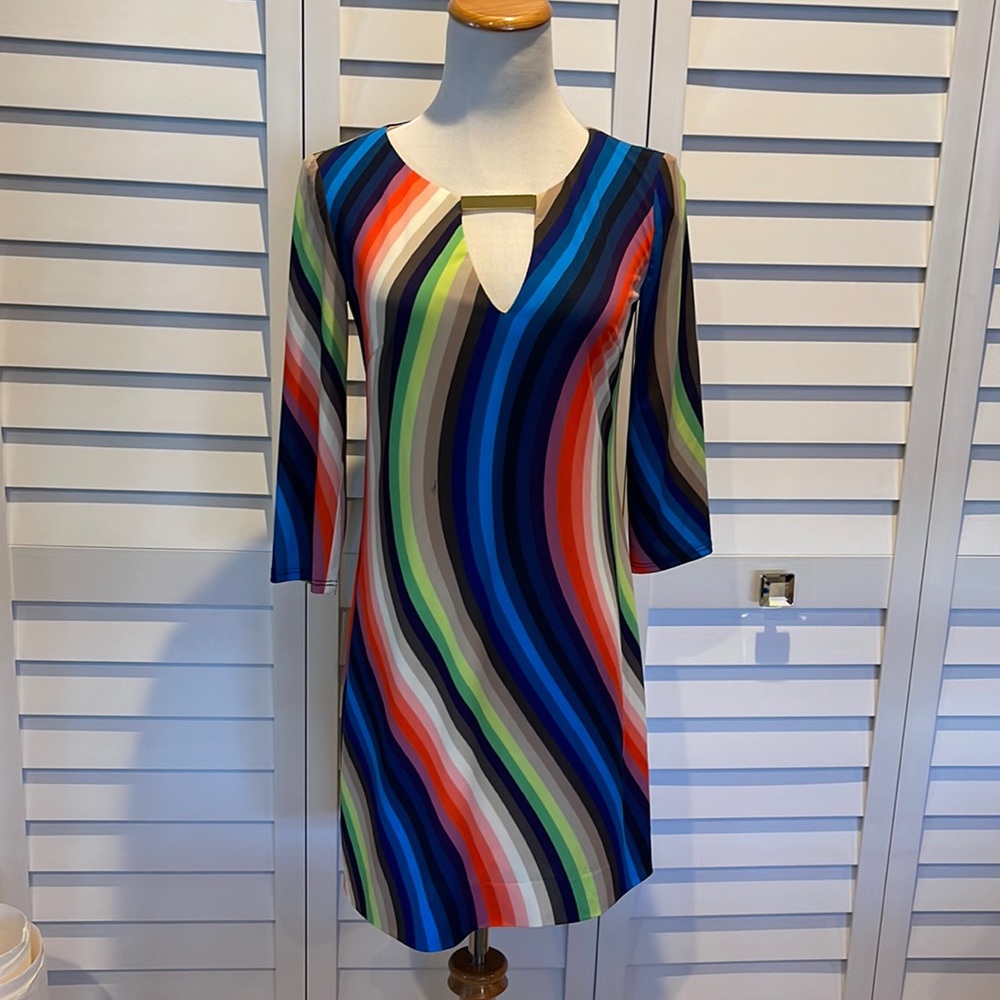 Trina Turk Pre Loved in EUC lined colorful stripes Midi Dress. - Picture 2 of 9